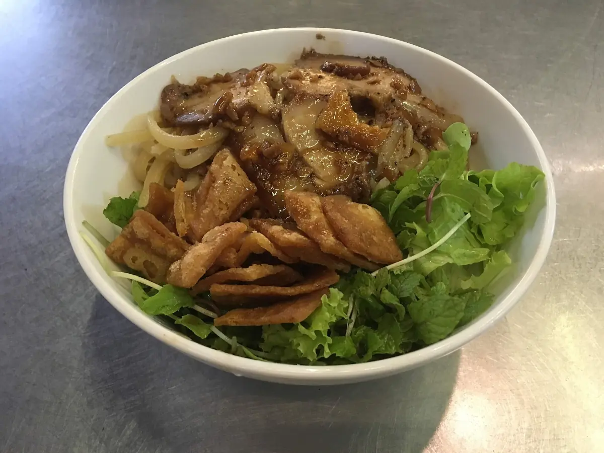 A bowl of cao lau noodles in Hoi An